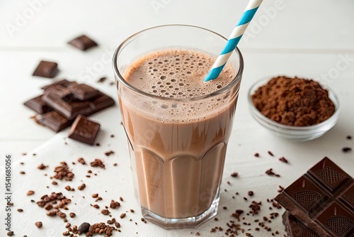A delicious glass of chocolate milkshake with a striped straw, surrounded by chocolate pieces and cocoa powder