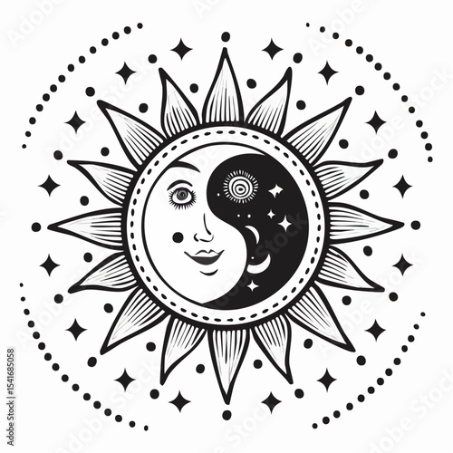 Sun and moon harmony design in Black and white vector image.