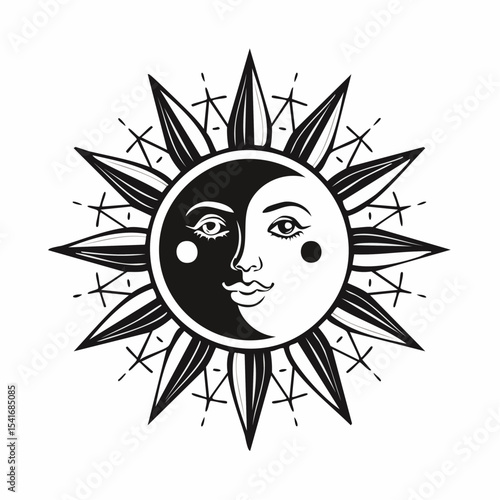 Sun and moon harmony design in Black and white vector image.
