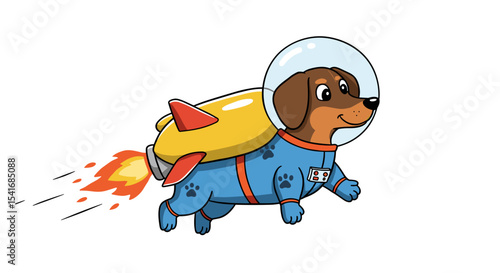 Cartoon Dachshund Dog Astronaut with Rocket Booster Isolated on White Background Adventure Kids Concept
