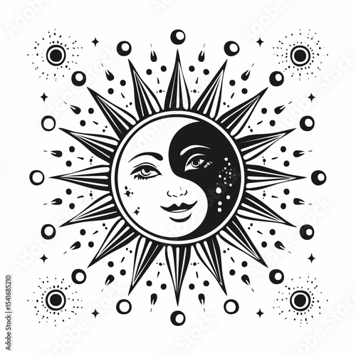Sun and moon harmony design in Black and white vector image.