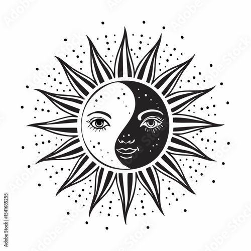 Sun and moon harmony design in Black and white vector image.