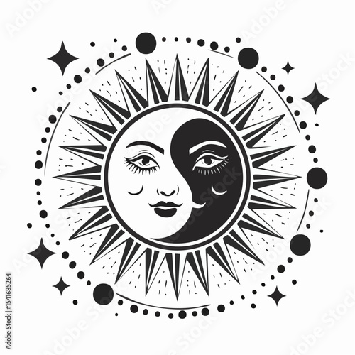 Sun and moon harmony design in Black and white vector image.