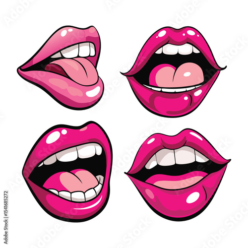 Cartoon Pink Lips Emoji Set – Kiss, Tongue, Smile Expressions Clipart

