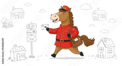 Horse Postman Cartoon Illustration Delivering Mail in Red Uniform, Isolated on White Background, and Cheerful Concept