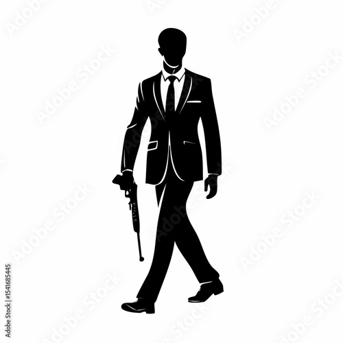 Man In Suit Walking With Gun Silhouette vector isolated on white background.