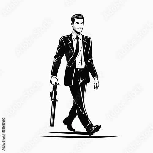 Confident Businessman Walking with Weapon in Style, Ready to Face Any Challenge