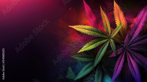 Vibrant cannabis leaves, digital art, abstract background, glowing colors