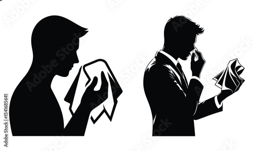 Two men blowing their noses silhouette isolated on white background