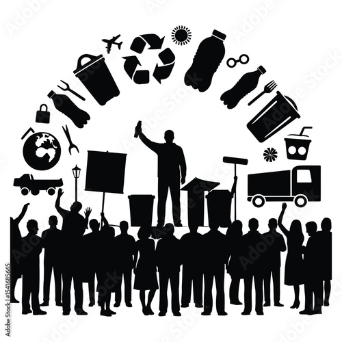 Environmental protest silhouette crowd at a climate change rally isolated on white background