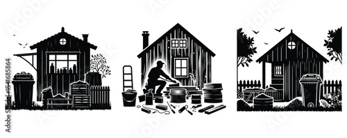 Three garden shed silhouettes with tools and compost bins isolated on white background