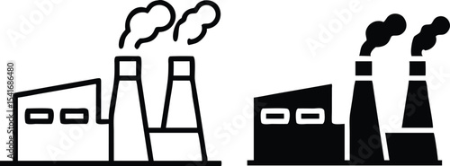Minimalist Factory Icon – Stylized Industrial Line Art Vector with Smoke Stacks