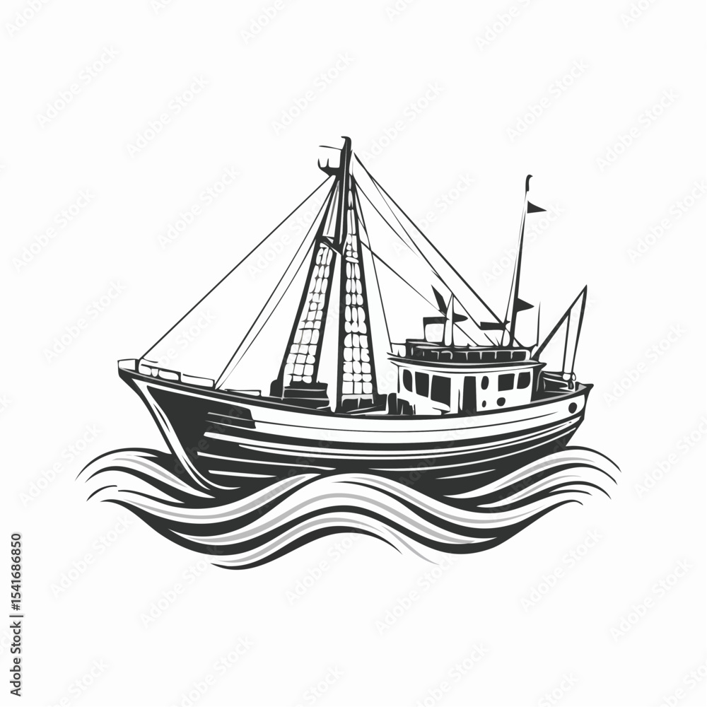 Fishing trawler on waves design vector image isolated on white background. Fishing trawler on waves design vector image isolated on white background.