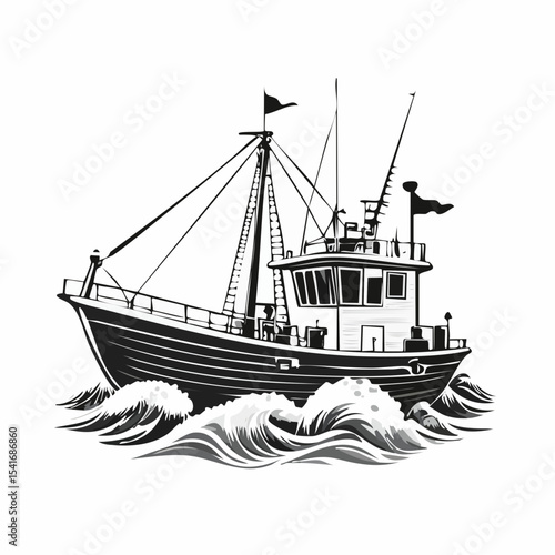 Fishing trawler on waves design vector image isolated on white background.