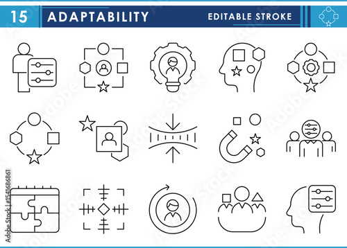 A set of line icons related to Adaptability. Adapt, fit, adjust, people, profession, flexibility, and so on. Vector editable stroke.