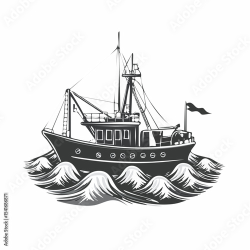 Fishing trawler on waves design vector image isolated on white background.