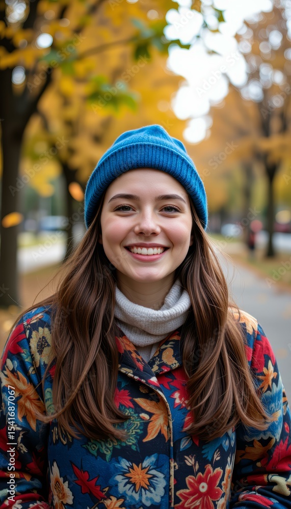 Smiling Young Woman in Autumn Park Wearing Floral Coat and Blue Knit Hat Smiling Young Woman in Autumn Park Wearing Floral Coat and Blue Knit Hat