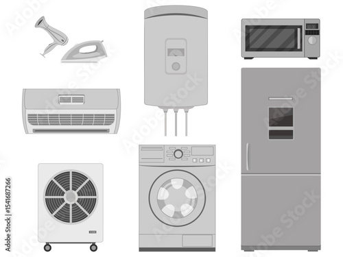 Different household appliances on a clean white background. Vector illustration.