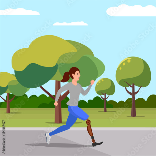 Cheerful girl with a prosthesis on one leg confidently running through a picturesque park. Vector illustration.