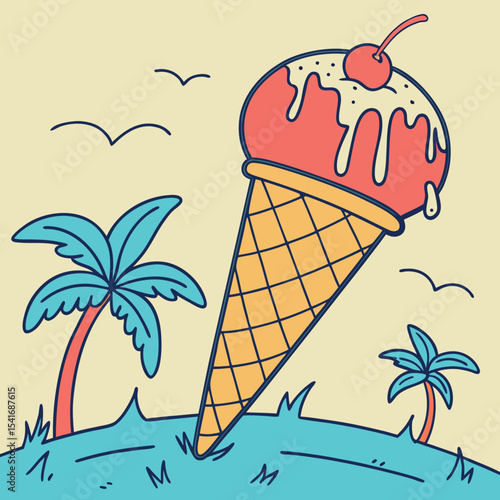 Giant Ice Cream Cone Landing on Tropical Island Beach Scene Design