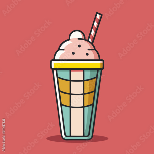 Cartoon illustration of a delightful strawberry milkshake in a colorful cup