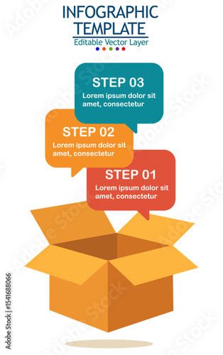 Open box infographic template with 3 steps for business, delivery, or packaging presentations. Editable vector layer.