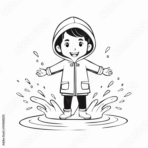 Child in a Raincoat Splashing in Puddles on a Rainy Day Image Vector.