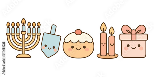 Cute hanukkah cartoon icons menorah dreidel sufganiyot gift
