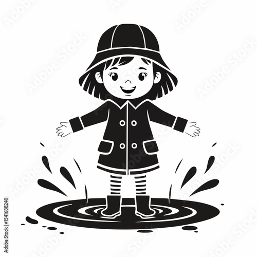 Child in a Raincoat Splashing in Puddles on a Rainy Day Image Vector.
