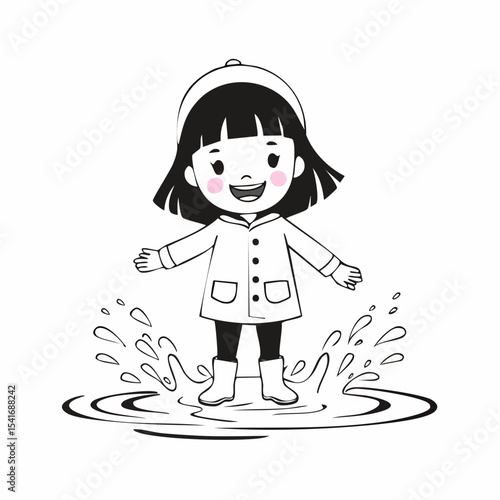 Child in a Raincoat Splashing in Puddles on a Rainy Day Image Vector.