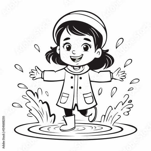 Child in a Raincoat Splashing in Puddles on a Rainy Day Image Vector.