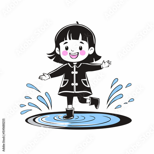 Child in a Raincoat Splashing in Puddles on a Rainy Day Image Vector.