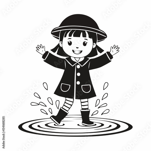 Child in a Raincoat Splashing in Puddles on a Rainy Day Image Vector.