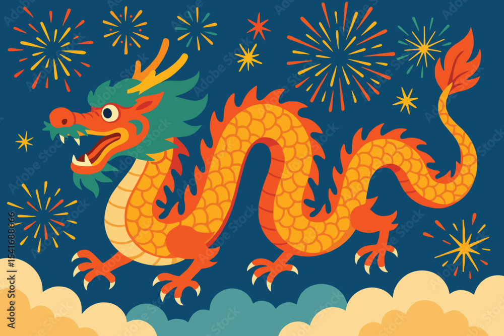 Fototapeta premium Chinese dragon with fireworks festive illustration