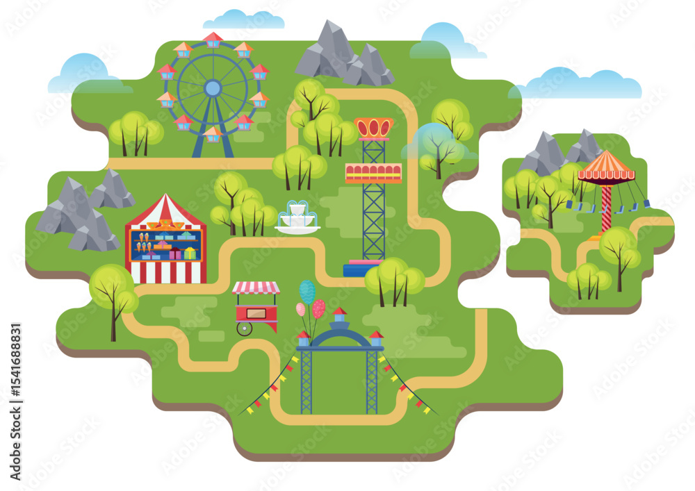 Fototapeta premium Cartoon vector amusement park map background isolated