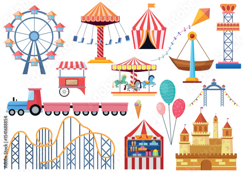 Amusement park vector entertainment icons elements isolated. Colorful cartoon flat ferris wheel, carousel, circus and castle isolated