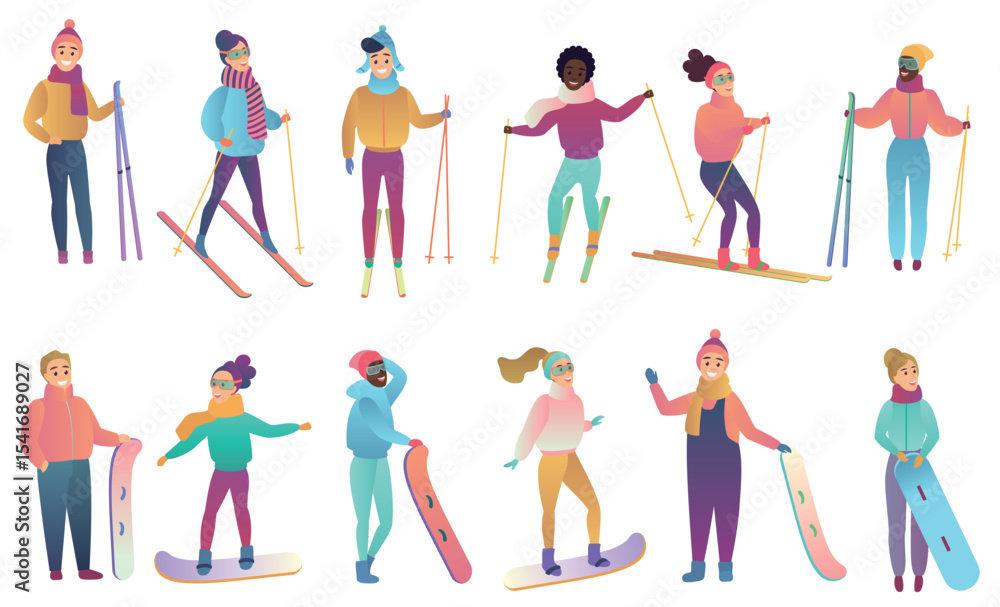 Group of cute cartoon skiers and snowboarders in trendy gradient colors vector illustration Group of cute cartoon skiers and snowboarders in trendy gradient colors vector illustration