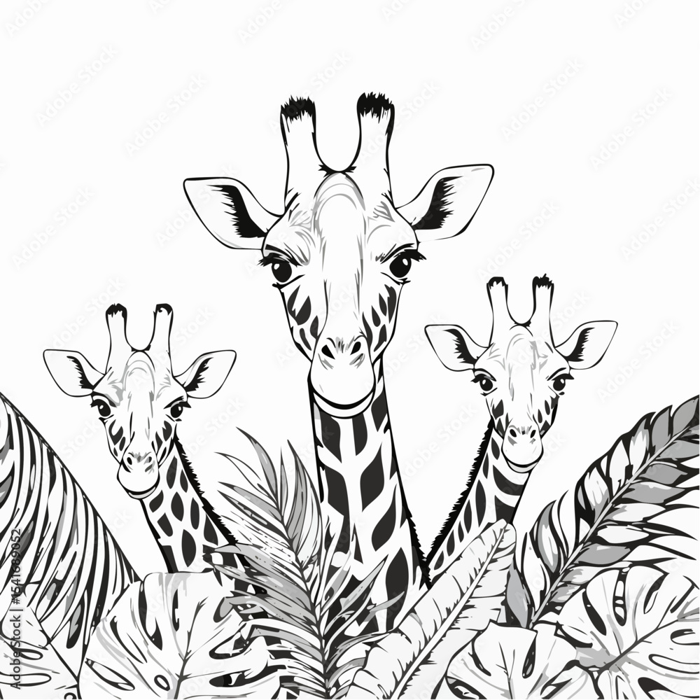 Obraz premium Three giraffes peeking from lush tropical flora Image vector isolated on white background.