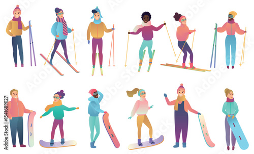 Group of cute cartoon skiers and snowboarders in trendy gradient colors vector illustration