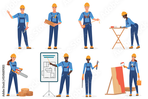 Builders in uniform flat vector characters set. Construction workers in blue jumpsuits and hardhats. Cartoon engineers, architects, repairmen at work. Women breaking stereotypes. Racial equality idea