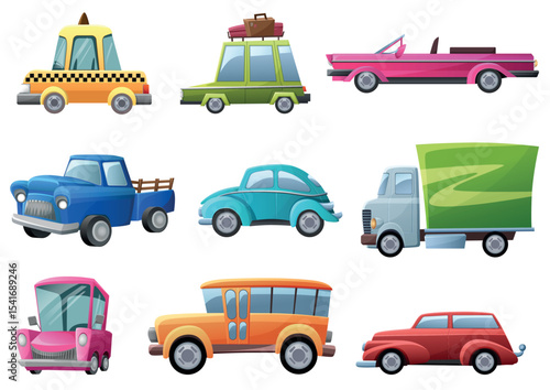 Old, vintage, cartoon retro cars set vector illustration isolated
