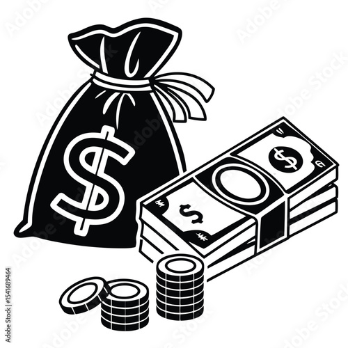 Graphic Depiction of Wealth a Money Bag Paper Currency and Stacks of Coins Symbolizing Economic Prosperity and Financial Success
