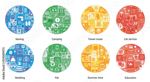 Round color flat line concept of sewing, camping, travel cruise, car service, summer time, wedding, entertainment, pet icons. Vintage stroke vector icons set for cover, emblem, badge, flyers, posters