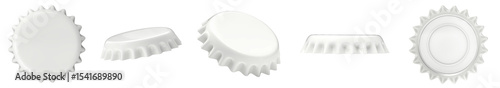 Five white bottle caps shown from different perspective 3d