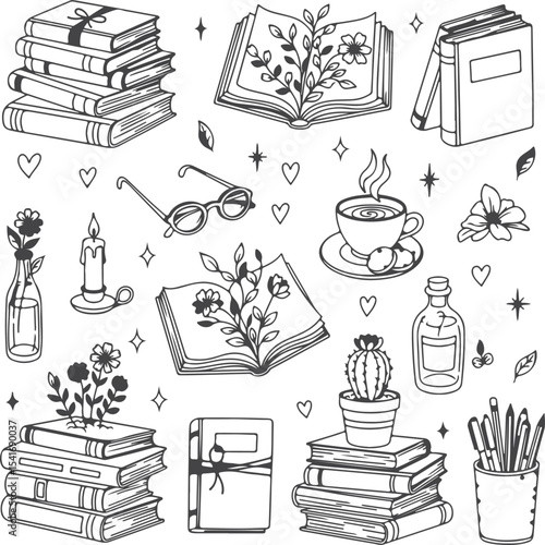 Whimsical Bookish Collection Line Art Illustration Featuring Books, Plants, Coffee, and Enchanting Details for Creative Projects and Designs
