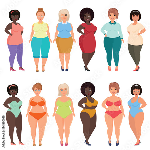Vector beautiful cartoon happy and smiling plus size woman in casual, bikini, fashionable and evening dress. Curvy, overweight females set