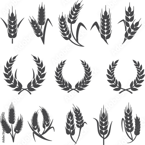 Elegant Wheat and Laurel Vector Graphics Collection Featuring Various Arrangements and Styles Ideal for Agricultural and Award Related Designs