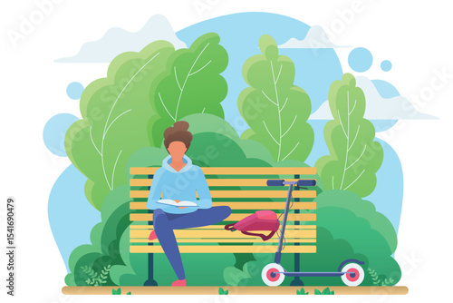 Young woman reading in park flat vector illustration. Smart student studying, bookworm cartoon character. Girl sitting on bench with interesting book. Literature hobby, intellectual recreation