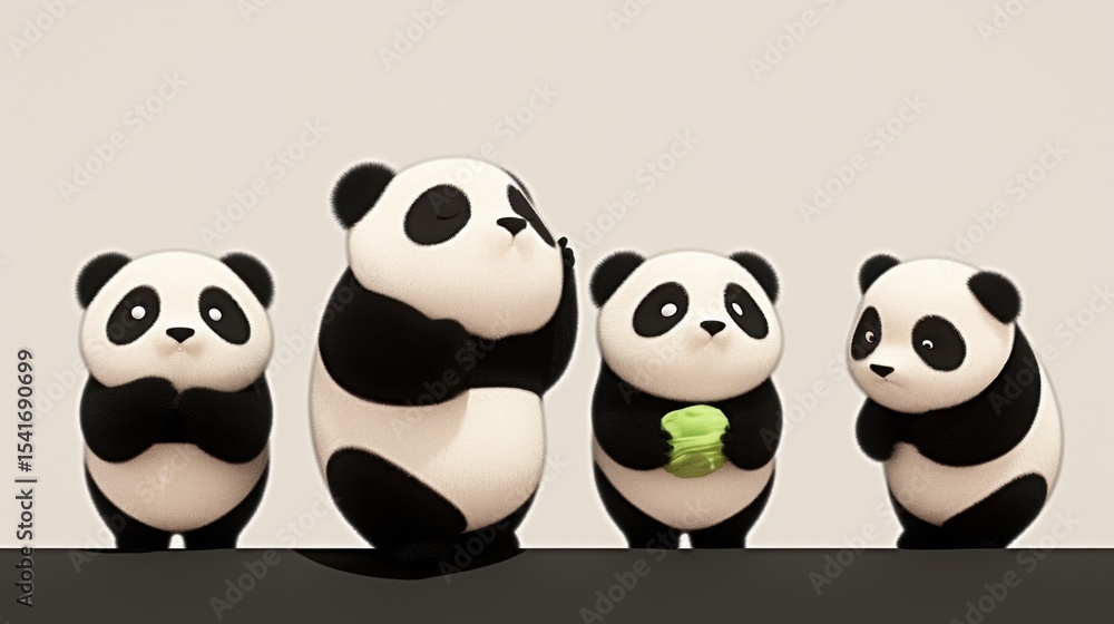 Fototapeta premium Four stylized panda figures standing in a row, one holding bamboo
