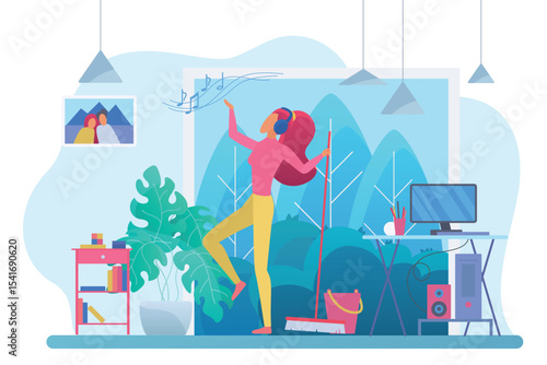Room cleaning with music flat vector illustration. Young woman, housewife in headphones dancing with broom cartoon character. Girl listening music and doing housework. Fun chores, housekeeping